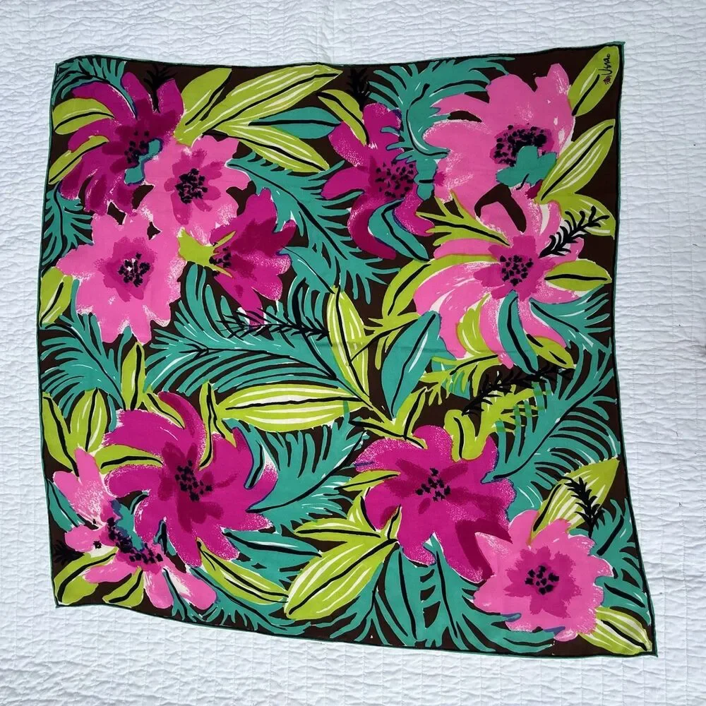 Vintage Vera Neumann Floral Scarf Pink Green Brown Hand Rolled Ladybug Logo - Picture 2 of 13